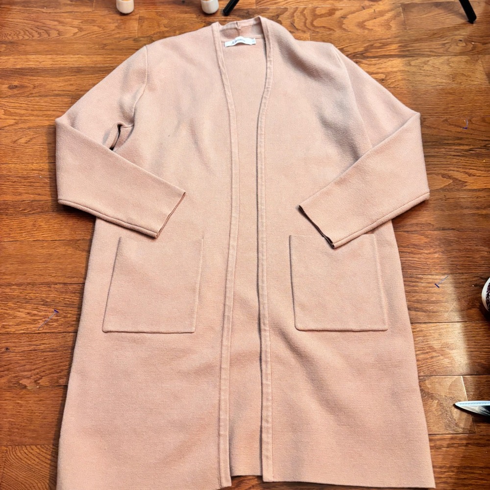 Anrabess‎ Kids Cardigan Sweater Knit Open Front Long Sleeve Pockets Beige Size L